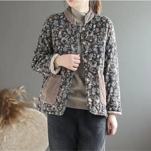 Vintage Thick Ethnic Style Cotton Padded Jacket Women Winter Coat Short Printed Corduroy Quilted Outerwear Casual Splice Clothes