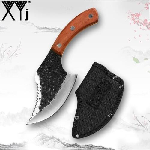 XYj Stainless Steel 5 Inch Wooden Curved Handle Fishing Knife Small Axe Use For Camping Outdoor Survival All-In-One Multiple Use