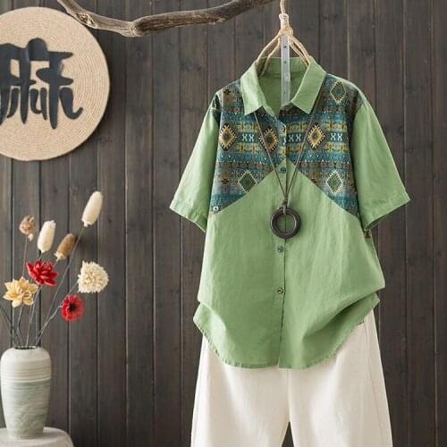 Green Shirt Women Loose Turn Down Collar Cardigans Short Sleeve Breathable Cotton Linen Geometric Printed Retro Blouses Blusas
