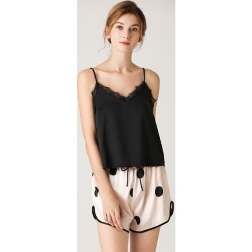 2PCS Woman Summer Pajamas Silky Satin Sling Sexy Lace Sleepwear Women V-Neck Silk Satin Striped Camisole Shorts Pajamas Set 2021