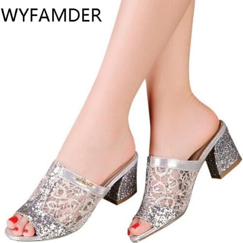 WYFAMDER Glitter Women Sandals 2021 Summer Peep Toe Slingback Lady Mules Thick High Heels Gold/Silver Slides Shoes Sizes 41 WS7
