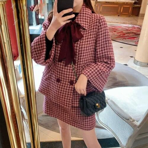 Winter Long Sleeve Tweed Wool Skirts Set Women 2pcs Sets Knitted Coats Jacket + Mini Skirt Two Piece Sets Vintage Suits