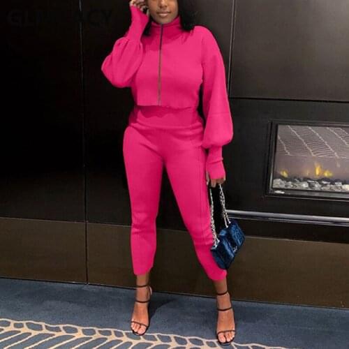 Women Two Piece Casual Suits Lantern Sleeve Crop Top & Slim Pants Set