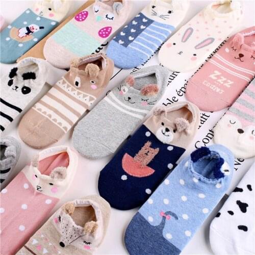4 Pairs/Lot Kawaii Low Cut Invisible Socks Womens Cute Summer Slippers Korean Style Harajuku Funny Animal Cotton Short Socks