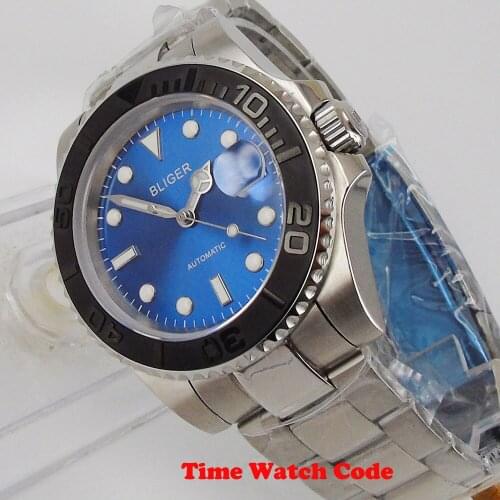 40mm Bliger NH35A Miyota8215 Automatic Mens Watch Blue Dial Sapphire Date luminous ceramic bezel insert oyster bracelet
