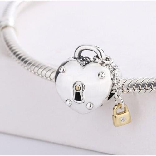 925 Sterling Silver Two-Tone Heart And Lock Pendant Charm Bracelet Necklace For Women Fits Pandora Bracelet Jewelry DIY Making