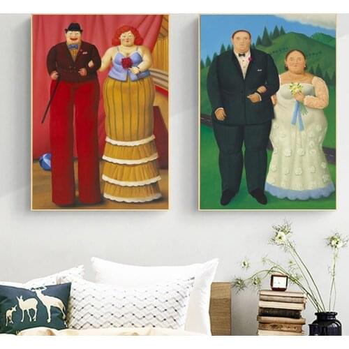Abstract Fernando botero posters on stilts and dance party murals on canvas as living room decorations