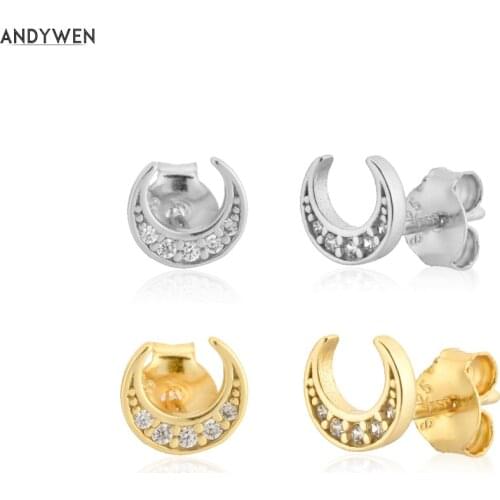 ANDYWEN 925 Sterling Silver Gold Moon C Luxury Fashion Crystal CZ Piercing Stud Earring Pendiente Jewelry 2020 Rock Punk