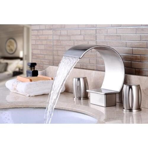 Free ship brushed nickel Bathroom solid Brass Dual Handles Waterfall Sink Faucet Widespread Mixer Tap