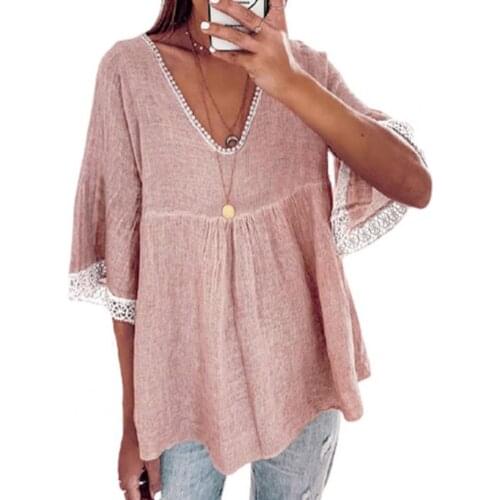 Plus Size Blouse Women Lace Splicing V-neck Elbow Sleeve Female Shirts Casual Loose Solid Color Office Lady Blouses Top