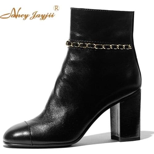 Size 37 38 Black Chain Cap Round Toe Ankle Winter Boots Woman Zipper High Chunky Heels Quilted Ladies Casual Shoes Mature Brand