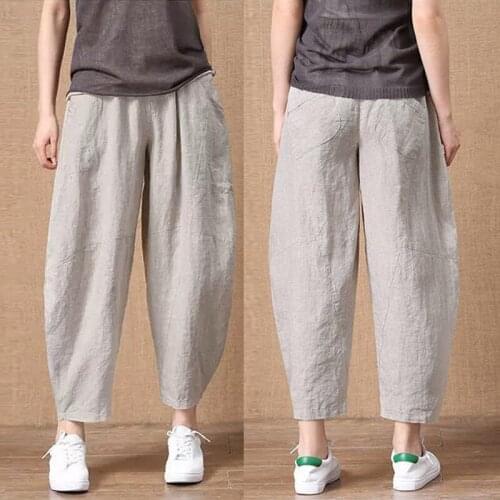 Womens Spring Summer Stitching Cotton Linen Pants Female Elastic Waist Ankle-length Solid Colors Harlan Trousers Soft Ladies