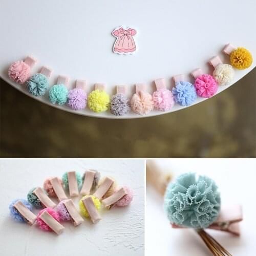 Boutique 24pcs Fashion Candy Color Cute Pom Pom Ball Hairpins Solid Kawaii Gauze Floral Hair Clips Princess Hair Accessories