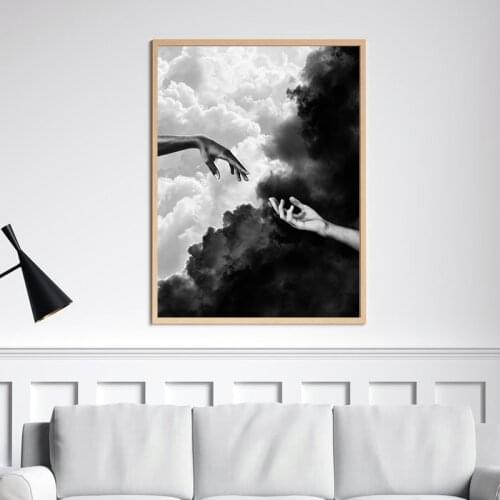 Yin Yang Hands Print Black and White Reaching Hands Poster Michelangelo Hands Renaissance Art Canvas Painting Wall Picture Decor