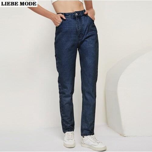 Women Loose Fit Pockets Jeans Woman High Waist Black Cotton Mom Jeans Solid Light Navy Blue Denim Pants Trousers 2021 Spring