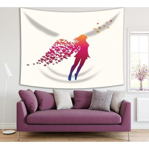 Tapestry Girl of Swarm with Flying Birds Wings Cheerful Dreamy Creative Orange Fuchsia Blue Artwork Print