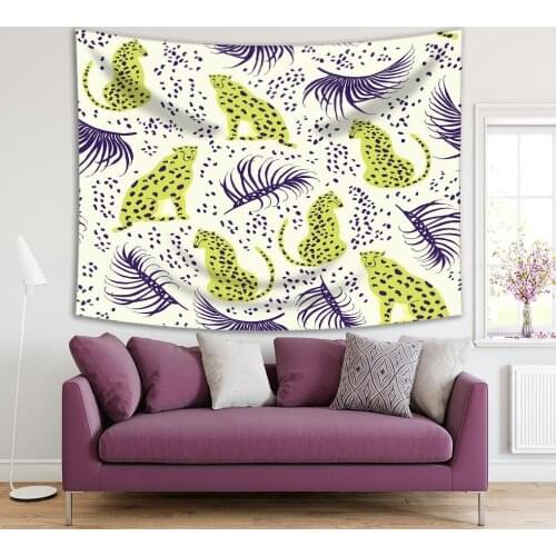Tapestry Cheetah with Palm Leaves Tropical Jungles Wild with Animals Exotic Summer Nature Art Yellow Purple White
