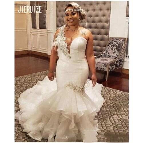 JIERUIZE Elegant Mermaid Wedding Dresses One Shoulder With Feather Crystal Tiered Bridal Gowns Backless robe de mariee Plus Size