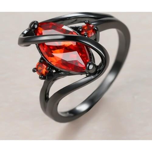 Vintage Female Red Crystal Stone Ring Classic 14KT Black Gold Wedding Rings For Women Luxury Bride Leaf Zircon Engagement Ring
