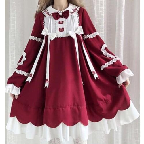 NONSAR Lolita Red Dress New Year Merry Christmas Happy Bear Autumn Winter Embroidery Lantern Sleeve In The Party