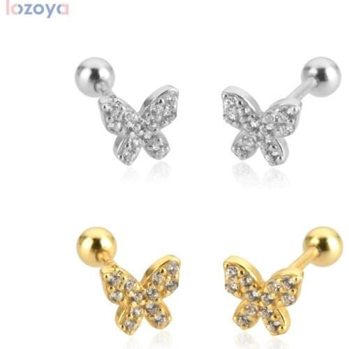 LOZOYA 925 Sterling Silver Gold Tiny Jewelry Clear CZ Spring Stud Earring Piercing Clips Rock Punk Party Gift Jewels