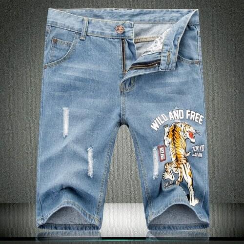 Shorts New Summer Denim Tiger Print Pattern Men Cotton Solid Straight Male Blue Short Scratched Frayed knee length Jeans 532