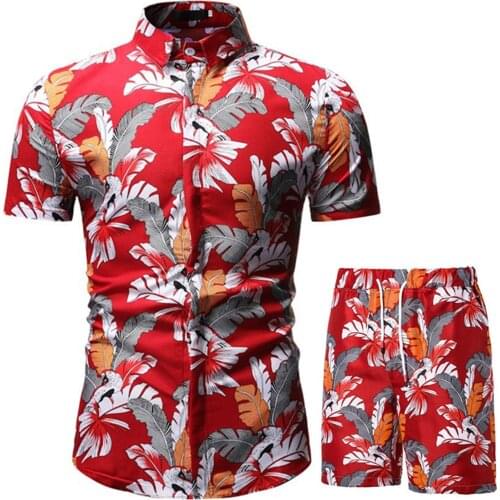 Hirigin Summer Hawaii Mens Print Tracksuit Casual Men Sports Suit holiday Shirt+Shorts 2 Piece Sets Sportswear Slim Outfits