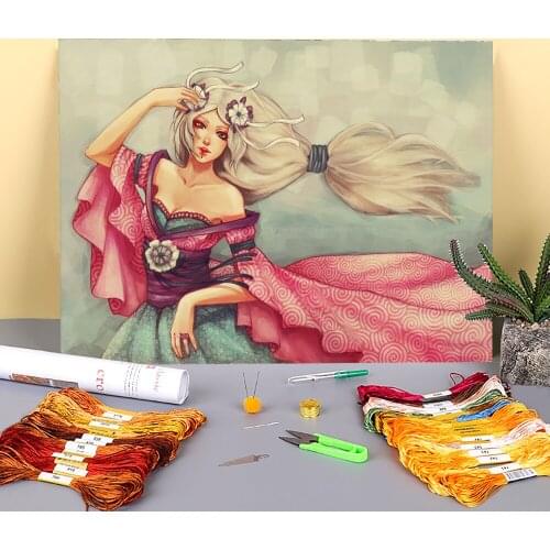 Cartoon Girl Woman Printed Water-Soluble Canvas 11CT Cross-Stitch Kit DIY Embroidery DMC Threads Painting Knitting Needle