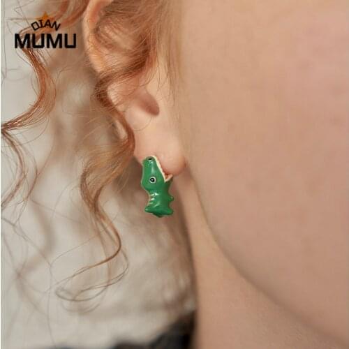 Silver Needle Creative Funny Wild Green Open Mouth Biting Dinosaur Earrings Korean Fun Trendy Personality Earrings Female