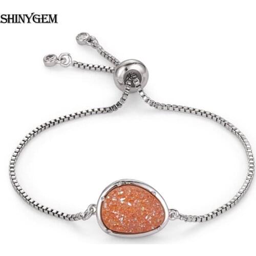 ShinyGem Fashion Crystal Druzy Charm Bangles Adjustable Stainless Chain Ceramic/Mineral Geode Gem Stone Bracelets For Women Girl