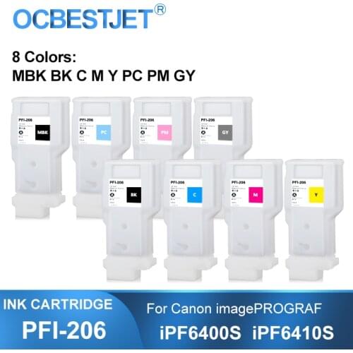 PFI-206 PFI206 Refillable Ink Cartridge With Permanent Chip For Canon imagePROGRAF iPF6400S iPF6410S Printer 8Colors/Set 300ML