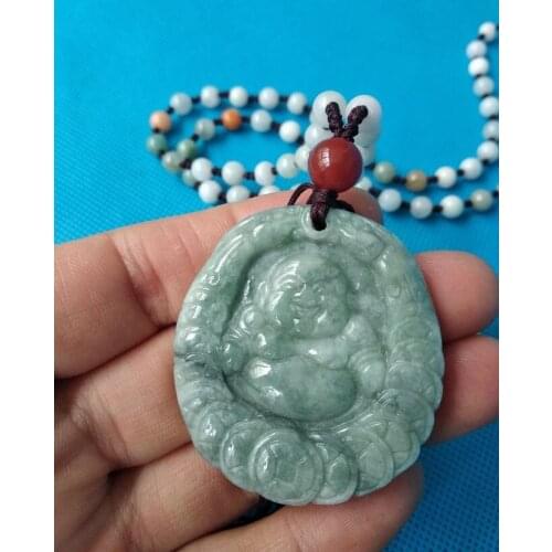 Nature Jade Happy Buddha Amulet Jadite Pendant Mala Bead Jade Necklace mascot
