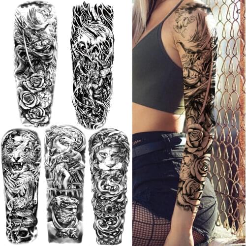 Realistic Fake Flower Temporary Sleeve Tattoos For Women Men Kids Lion Full Arm Tattoos Sticker Black Waterproof Tatoos Paper