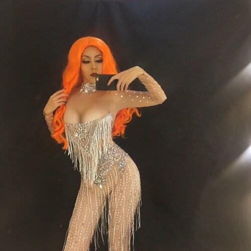 Sexy Tassels Crystals Jumpsuit Female Singer Dancer Sexy Leggings Costume Big Stretch Bodysuit Nightclub Oufit Party Wear Outfit