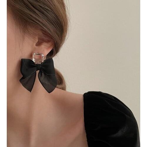 Lifefontier Black White Lace Bowknot Drop Earrings for Women Geometric Square Crystal Dangle Earrings Korean Fashion Jewelry
