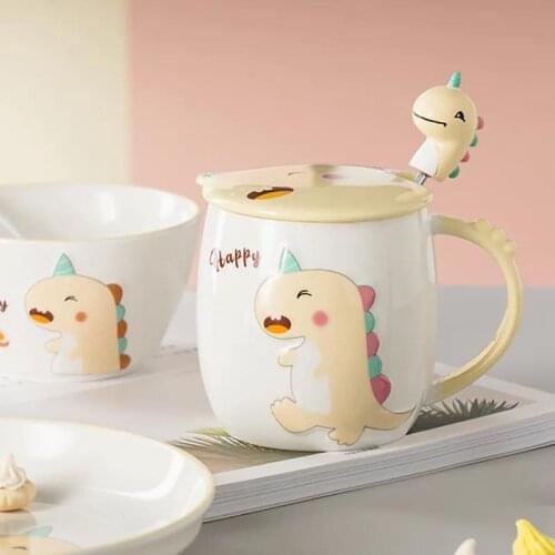 Cute Dinosaur Ceramics Coffee Mug with Spoon Creative Hand Painted Drinkware Milk Tea Cups Breakfast Cup Novelty Christmas Gifts