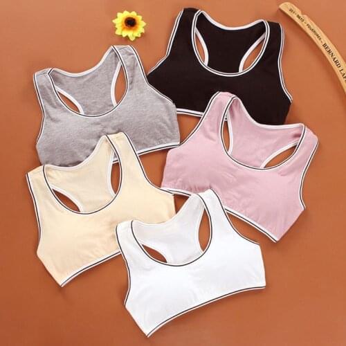 Junior Girl Wide Strap Racerback Sport Training Bra Solid Color Striped Trim Underwear Wireless Padded Bralette Casual Yoga Vest