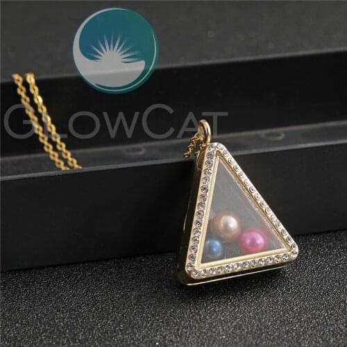 Gold Color Triangle Rhinestone Glass Locket Necklace Beads Pearl Memory Photo Locket Pendant Necklace