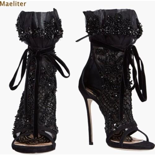 Young Girls Luxury Brand Black Lace-up Mesch Sandal Boots Peep Toe String Beaded Sandals Stiletto Heel Lace Wedding Shoes Bootie