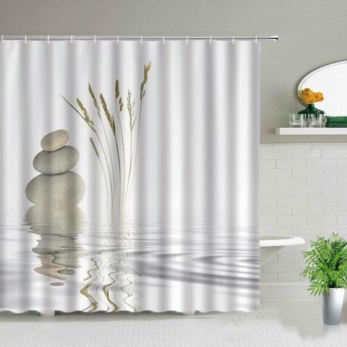Shower Curtain Zen Stone Wild Grass Reflection In Water Bath Curtains Meditation Design Bathroom Decor Background Wall Decor
