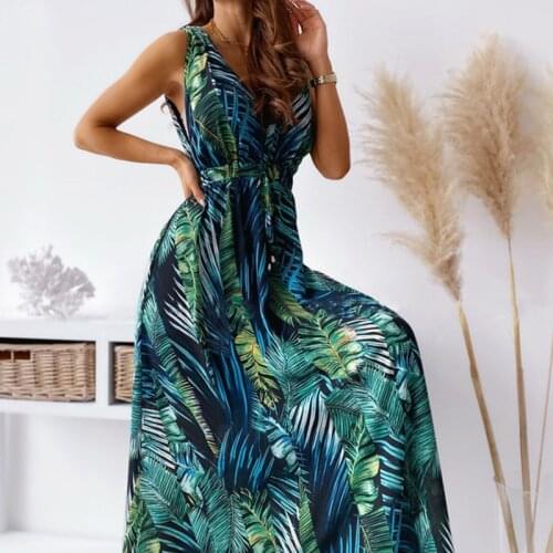 Summer Long Maxi Dress Women 2021 Sexy Sleeveless Print Boho Dress Deep V Neck Vintage Backless Dresses For Women Robe Femme