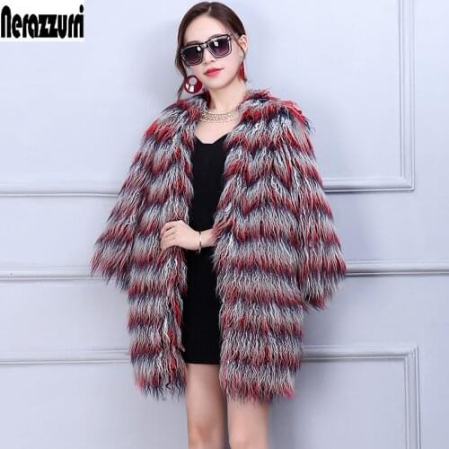 Nerazzurri Winter Fluffy Warm Faux Fur Jacket Women Multicolor Elegant Shaggy Furry Female Fake Fur Coats Korean fashion 2021