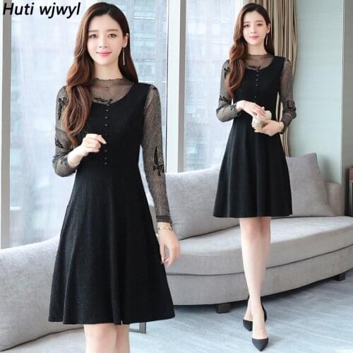 2021 Vintage Black Mesh Long Sleeve Mini Dresses Autumn Winter Plus Size Solid Sexy Women Bodycon Dress Elegant Party Vestidos