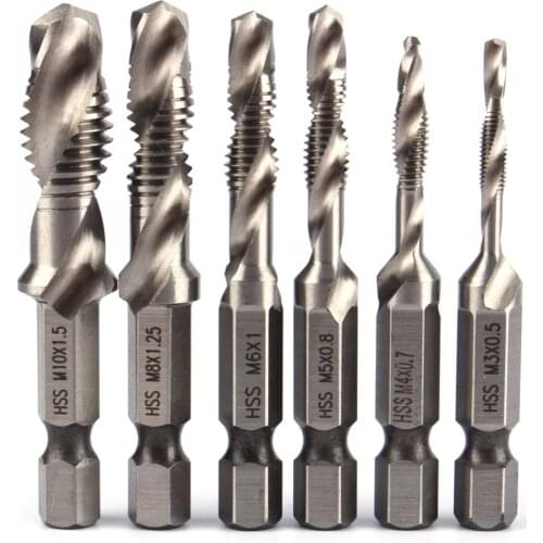 6pcs/set M3 M4 M5 M6 M8 M10 Metric Taps Drill Bits Hand Screw Thread Hex Shank HSS Tap Drill Woodworking Hexagon Handle Compound