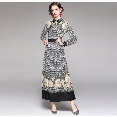 Banulin Spring Autumn Runway Long Sleeve Maxi Dress Womens Turn Down Neck Vintage Print Elegant Office Party Long Dress N78613