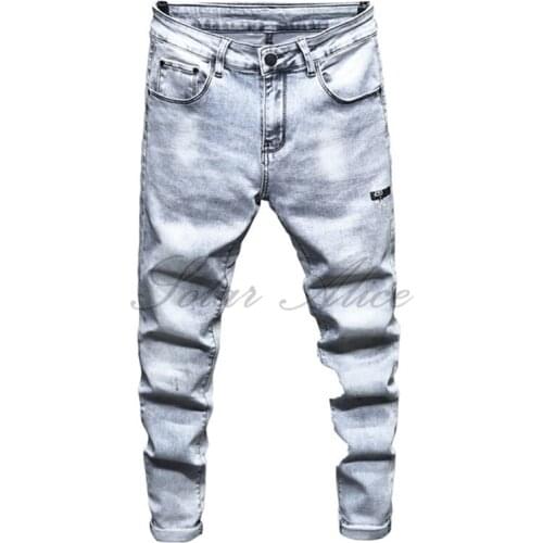 Free Shipping 2020 Mens Four Seasons New Little Feet Jeans High-end Gray Stretch Slim Casual Pants Pencil Pants