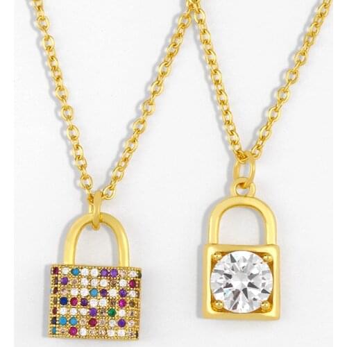 FLOLA Gold Chain Padlock Pendant Necklace For Women Crystal Multicolor Lock Necklace Women Rainbow Jewelry Women Gifts nker29