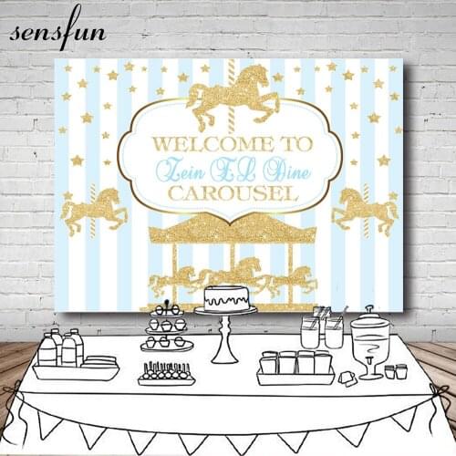 Sensfun Blue White Striped Carousel Boys Baptism Birthday Party Backdrops Gold Glitter Little Stars Photogrphy Backgrounds