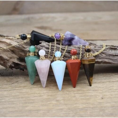 Faceted Cone Pendulum Crystal Perfume Bottle Pendants Healing Reiki Stone Gems Opal Essential Oil Vial Charms Necklaces QC1079