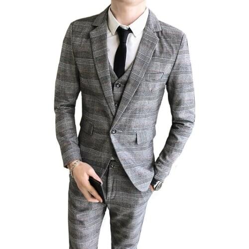Spring Mens Plaid Suit Three Piece Suit Slim Fit Dress Blazer Vest Pants Jacket Boutique Male Business Coat Trousers Set